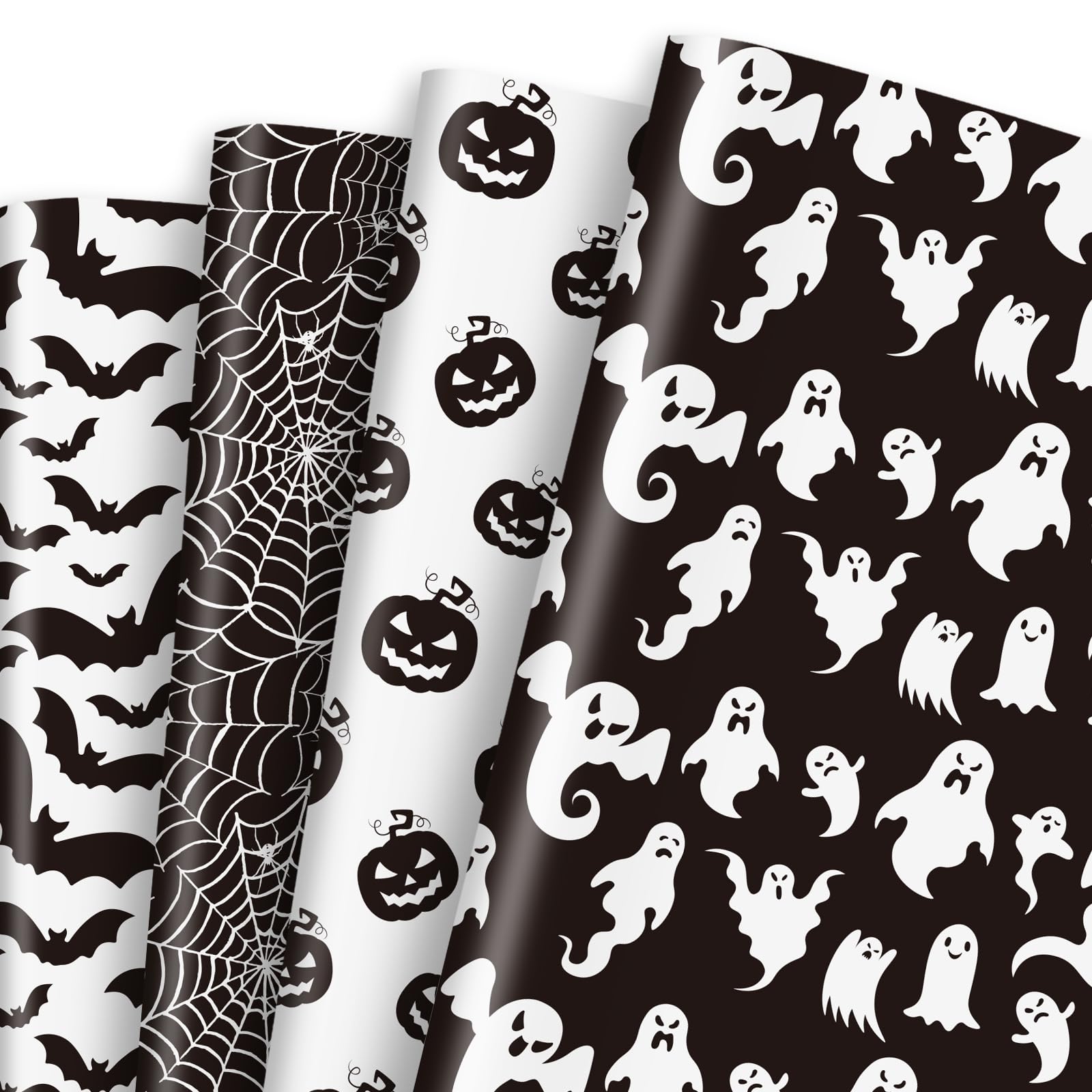 Whaline 12 Sheet Halloween Wrapping Paper Black White Pumpkin Ghost Spider Web Pattern Folded Flat Gift Wrap Paper 4 Design Art Paper for Halloween Party DIY Craft Gift Packing, 19.7 x 27.6 Inch