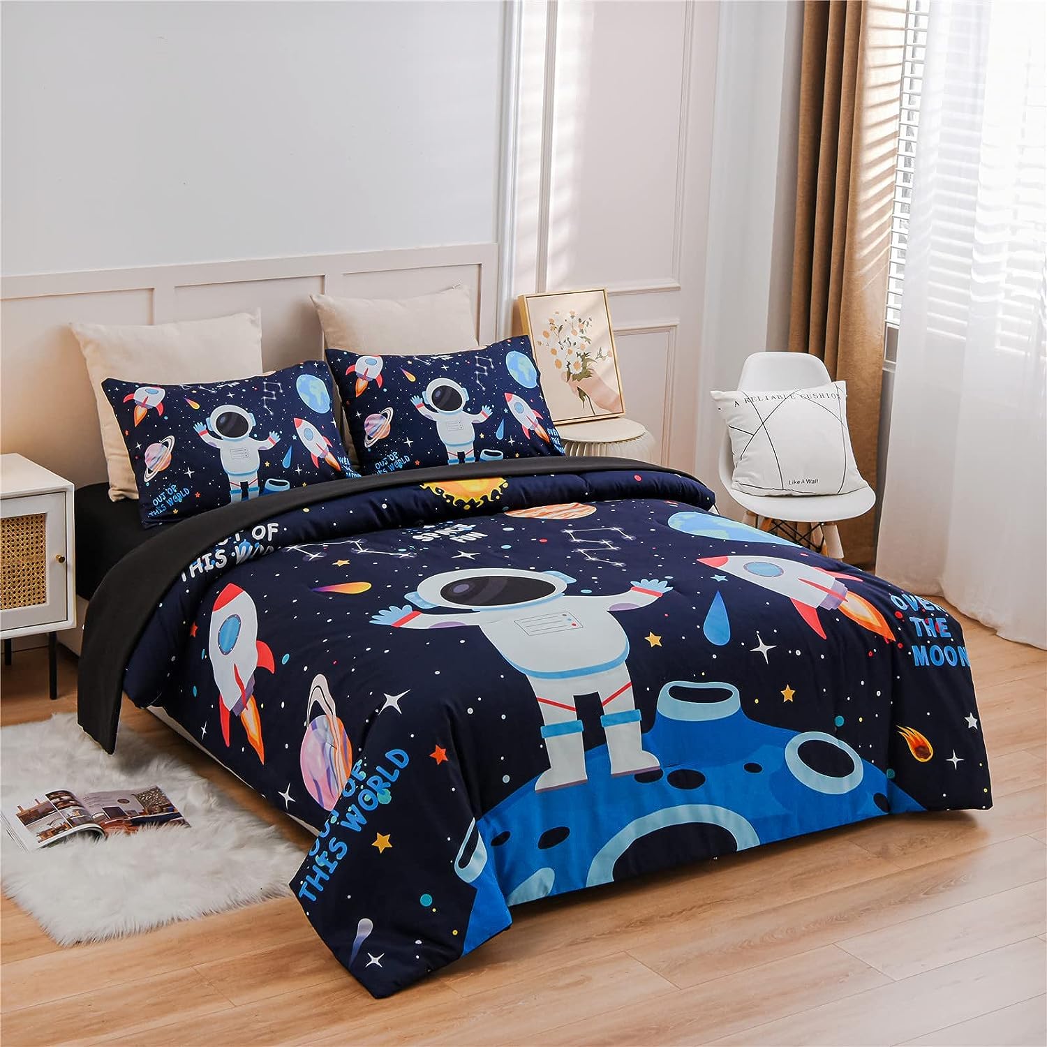 Meeting Story 5Pieces Universe Space Themed Comforter Set Planet Astronaut Rocket Galaxy Printed Pattern Quilt Bedding Set for Kids Girls Boys Children Room Decor (Black,Twin 5pcs)