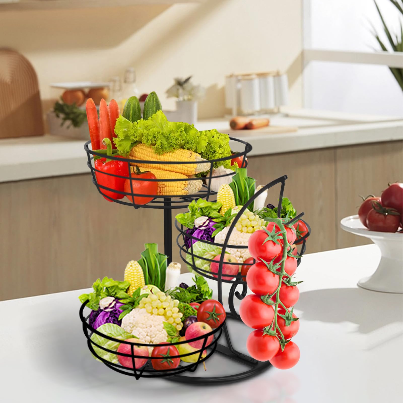 Livabber Fruit Basket Bowl with Banana Hanger, Fruit Vegetable Storage Basket with Banana Tree Holder for Kitchen Counter, Detachable Organizer for Bread Snack Produce (Black, 3-Tier Metal Base)