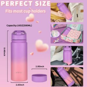 Mininoo Kids Water Bottle for School, 16oz Stainless Steel Insulated Water Bottle Kids with Straw Lid for Girls, Boys (Purple/Pink)