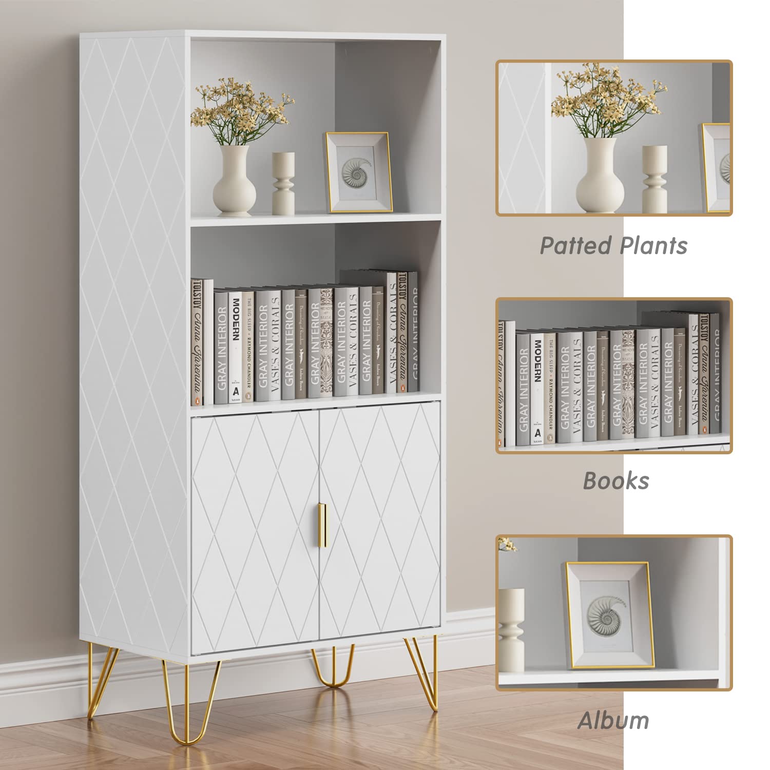 Anbuy White Bookshelf, 3 Tier Tall Bookcase with Doors, Storage Wood Shelves Modern Bookcases, Library Book Case for Living Room Bedroom Home Office Kitchen