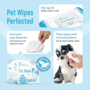 Petazy 100 Dog Wipes for Paws and Butt Ears Eyes Unscented | Organic Hypoallergenic Pet Wipes for Dogs with Aloe Vera | Dog Wipes Cleaning Deodorizing | Extra Thick Dog Paw Wipes Dogs Cat Puppy Pets