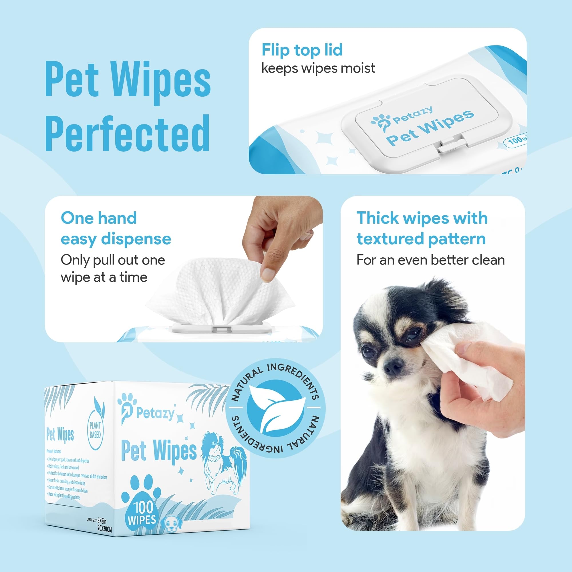 Petazy 100 Dog Wipes for Paws and Butt Ears Eyes Unscented | Organic Hypoallergenic Pet Wipes for Dogs with Aloe Vera | Dog Wipes Cleaning Deodorizing | Extra Thick Dog Paw Wipes Dogs Cat Puppy Pets