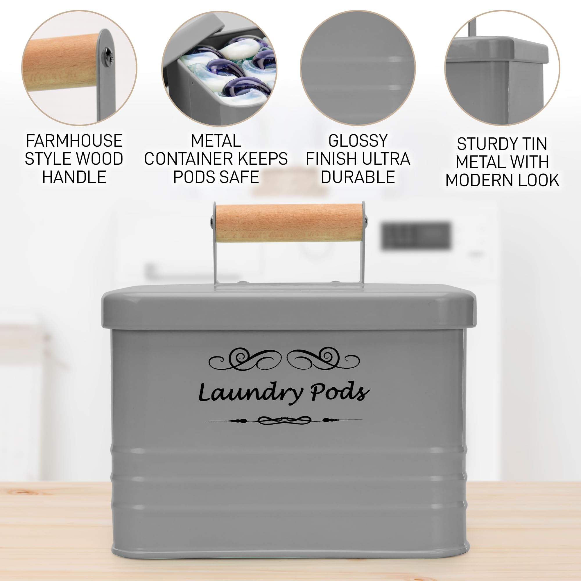 ELITAPRO Laundry Pods Holder - Modern Farmhouse Laundry Pods Container - Metal Detergent Pods Container with Lid for Laundry Room Decor and Accessories - Laundry Room Organization & Storage (Gray)