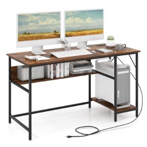 tangkula 55 inch computer desk with 4 power outlets & 2 usb ports, home office desk with built in charging station with switch, computer workstation writing study desk with storage shelf & cpu stand