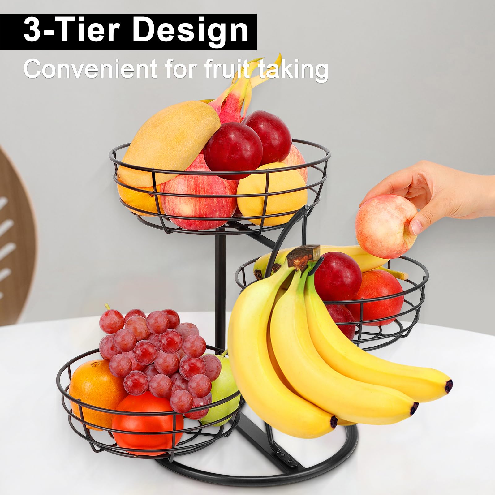 Livabber Fruit Basket Bowl with Banana Hanger, Fruit Vegetable Storage Basket with Banana Tree Holder for Kitchen Counter, Detachable Organizer for Bread Snack Produce (Black, 3-Tier Metal Base)