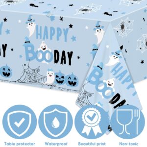 PATIAI 3 Pack Halloween Happy Boo Day Tablecloths Blue Halloween Pumpkin Ghost Rectangular Plastic Table Cover for Halloween Baby Shower Birthday Party Decorations(71 x 43 Inches)