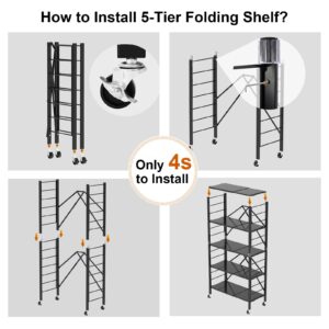 5 Tier Foldable Storage Shelves, Expandable Folding Shelving Units with Wheels, Changeable into 2 Shelf Units, Collapsible Adjustable Storage Rack Metal Shelves for Storage, Pantry, Garage, Kitchen