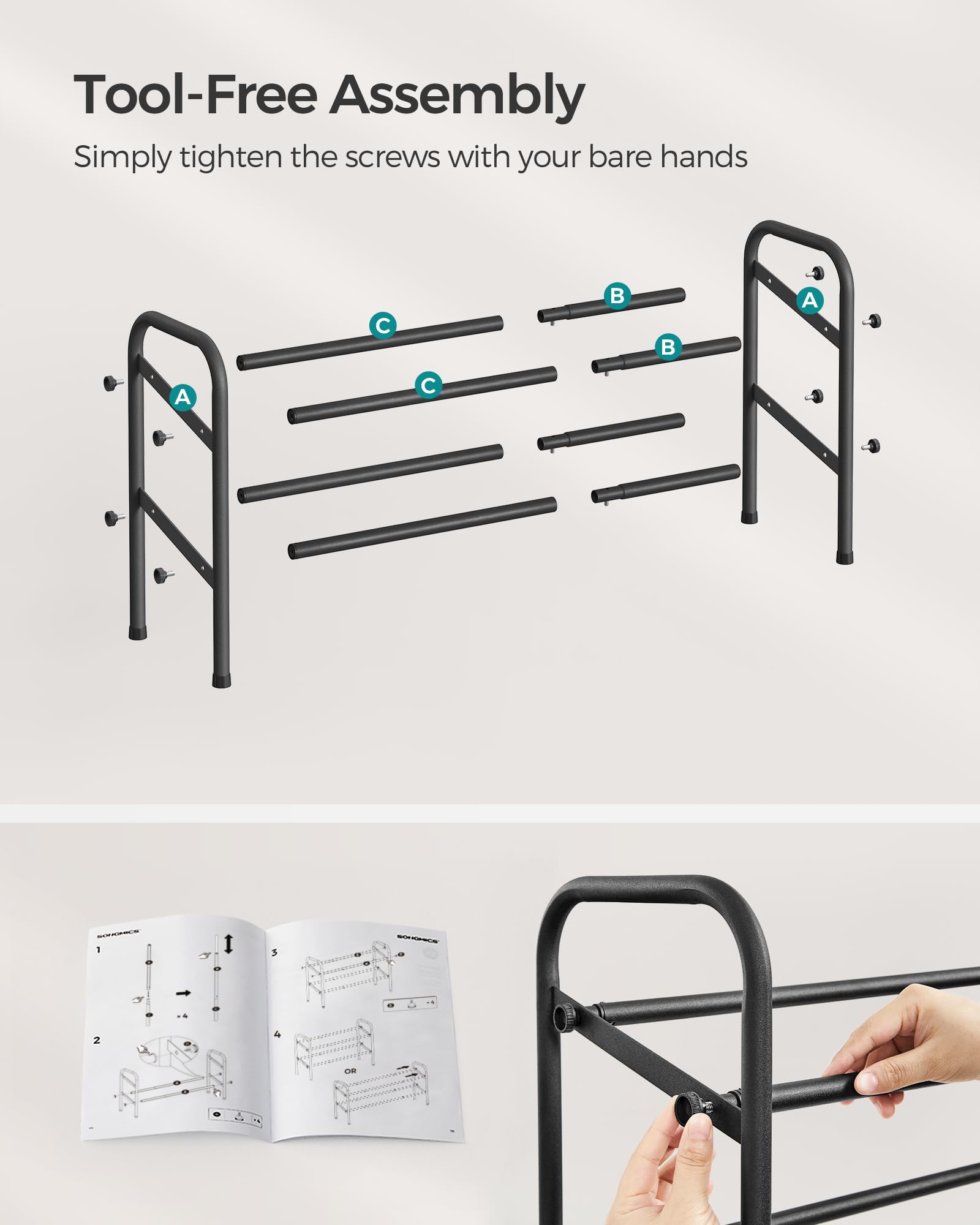 SONGMICS Expandable Shoe Rack, 2 Tier Shoe Rack Shelf, Adjustable Shoe Organizer Storage for 15 Pairs of Shoes, Metal Free Standing Shoe Racks for Closet, Front Door Entryway, Easy Assembly, Ink Black