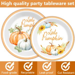 ZOIIWA 96 Pcs Little Pumpkin Baby Shower Tableware Set Thanksgiving Party Supplies Gender Reveal Dinnerware Pumpkin Baby Shower Party Disposable Fall Plates Napkins Party Decorations Serves 24 Guests