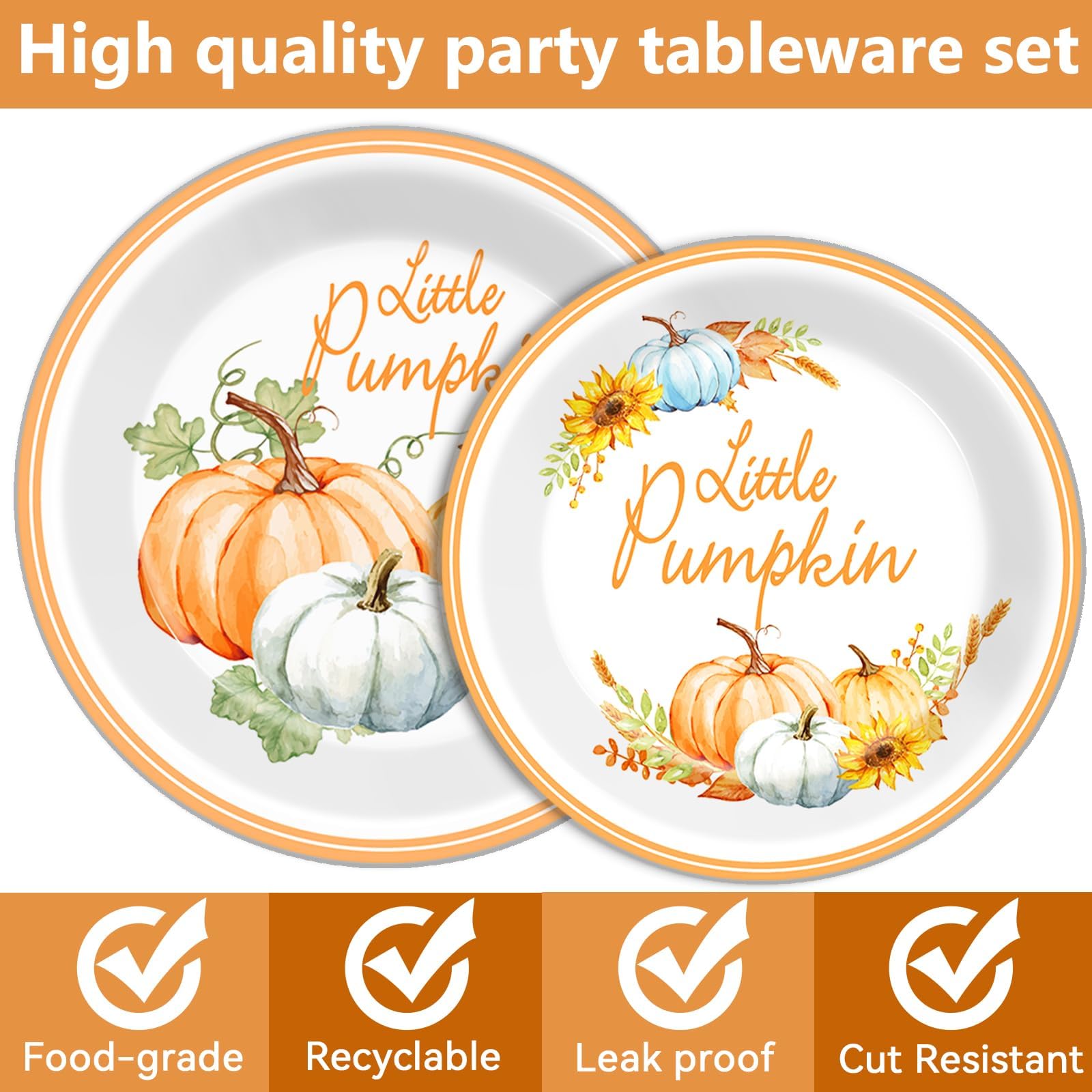 ZOIIWA 96 Pcs Little Pumpkin Baby Shower Tableware Set Thanksgiving Party Supplies Gender Reveal Dinnerware Pumpkin Baby Shower Party Disposable Fall Plates Napkins Party Decorations Serves 24 Guests