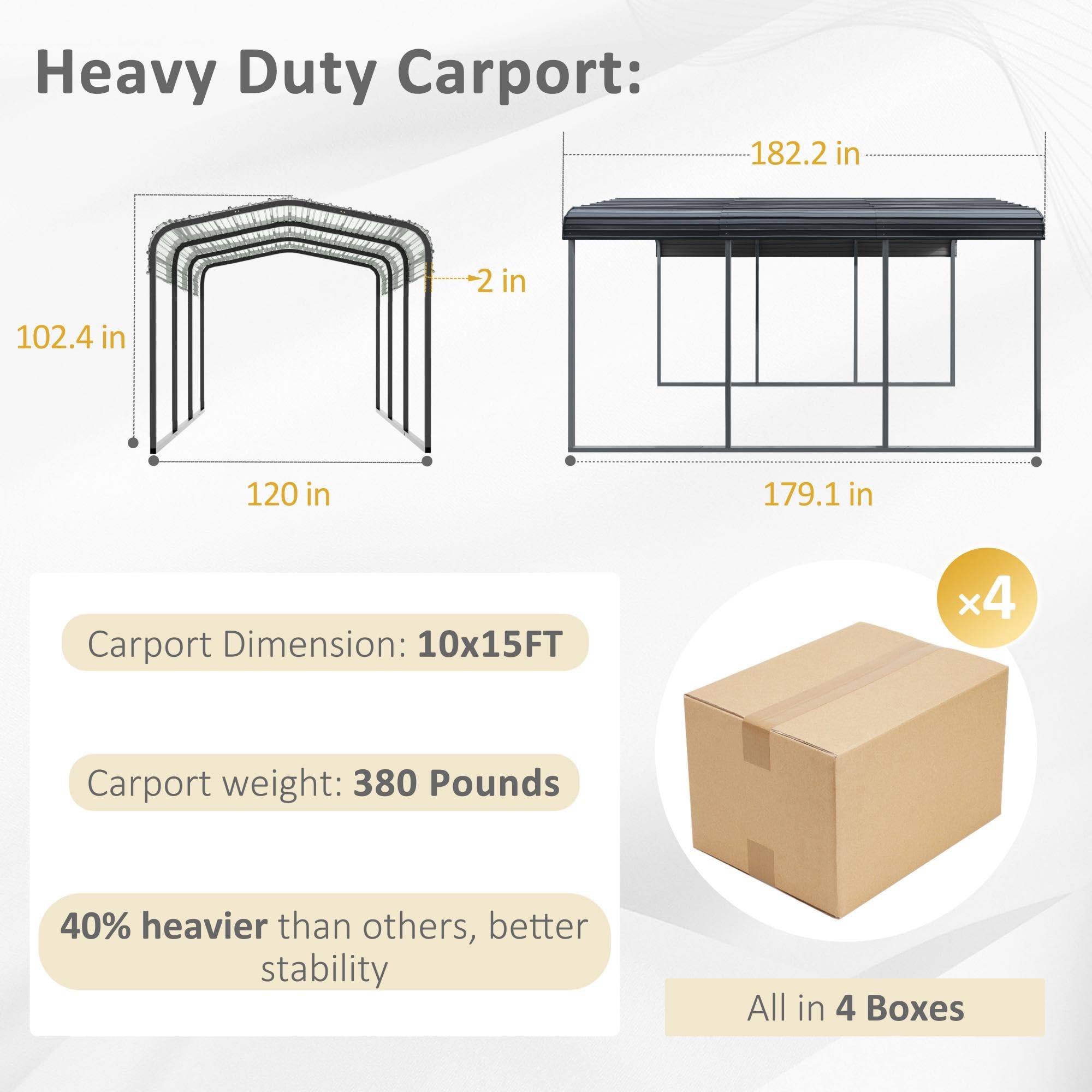 MUPATER 10 x 15 FT Metal Carport, Outdoor Heavy Duty, Garage Car Shelter Shade with Metal Roof, Frame and Bolts for Car, Truck and Boats, Grey