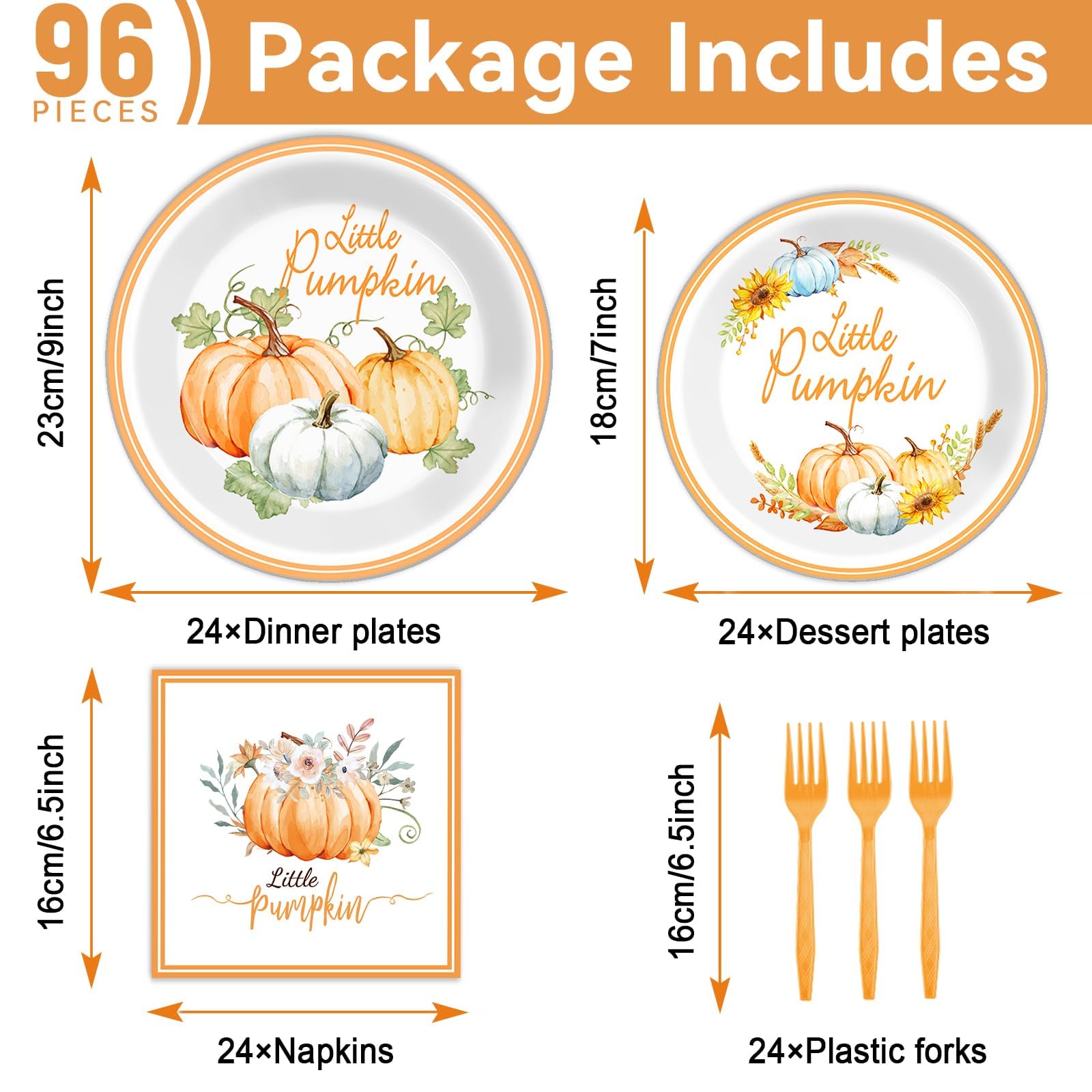 ZOIIWA 96 Pcs Little Pumpkin Baby Shower Tableware Set Thanksgiving Party Supplies Gender Reveal Dinnerware Pumpkin Baby Shower Party Disposable Fall Plates Napkins Party Decorations Serves 24 Guests