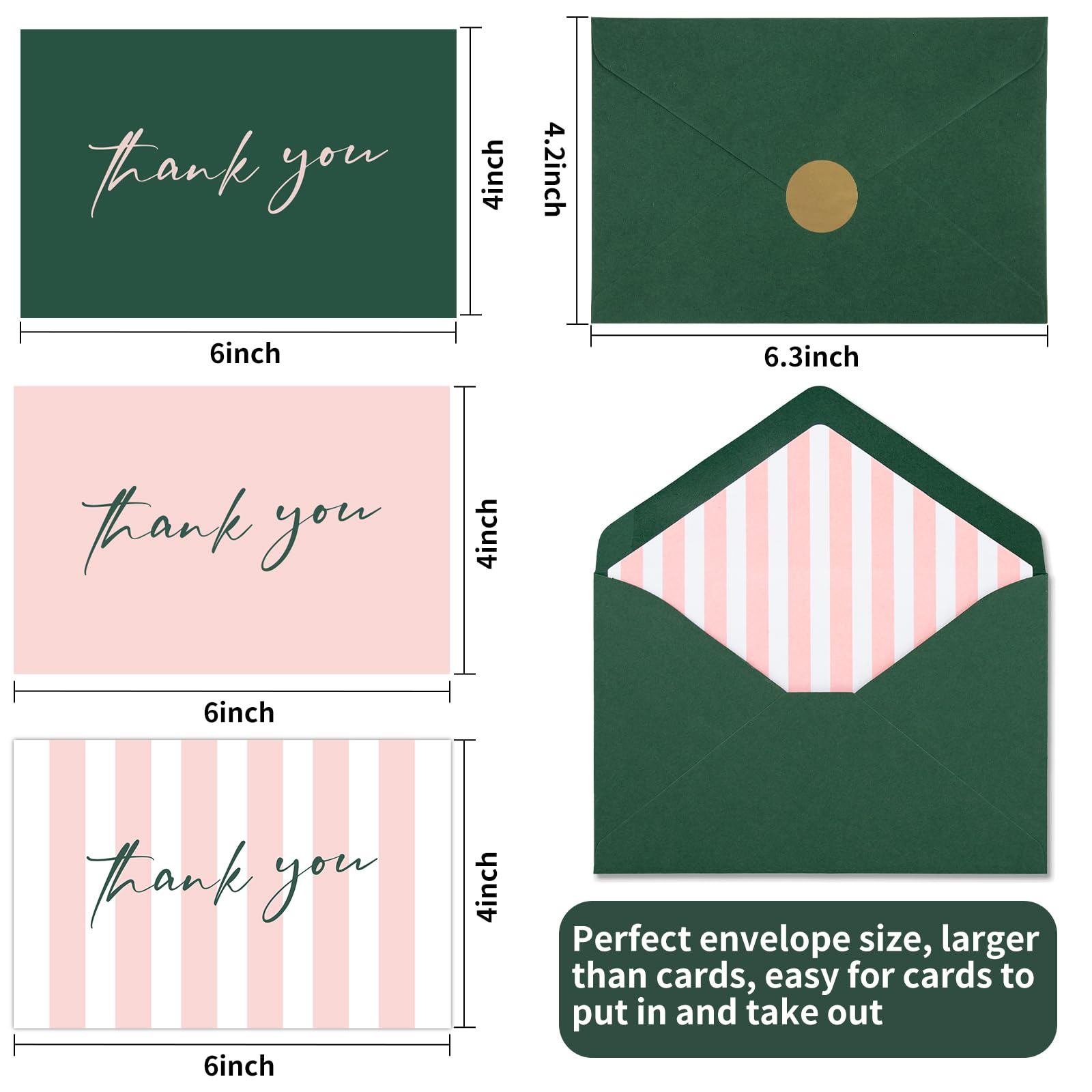 AZAZA Thank You Cards with Envelopes Striped 24 Pcs, Pink Thank You Cards Bulk Baby Shower Girl, Wedding Thank You Cards Green and Pink, Blank Thank You Notes for Bridal Shower