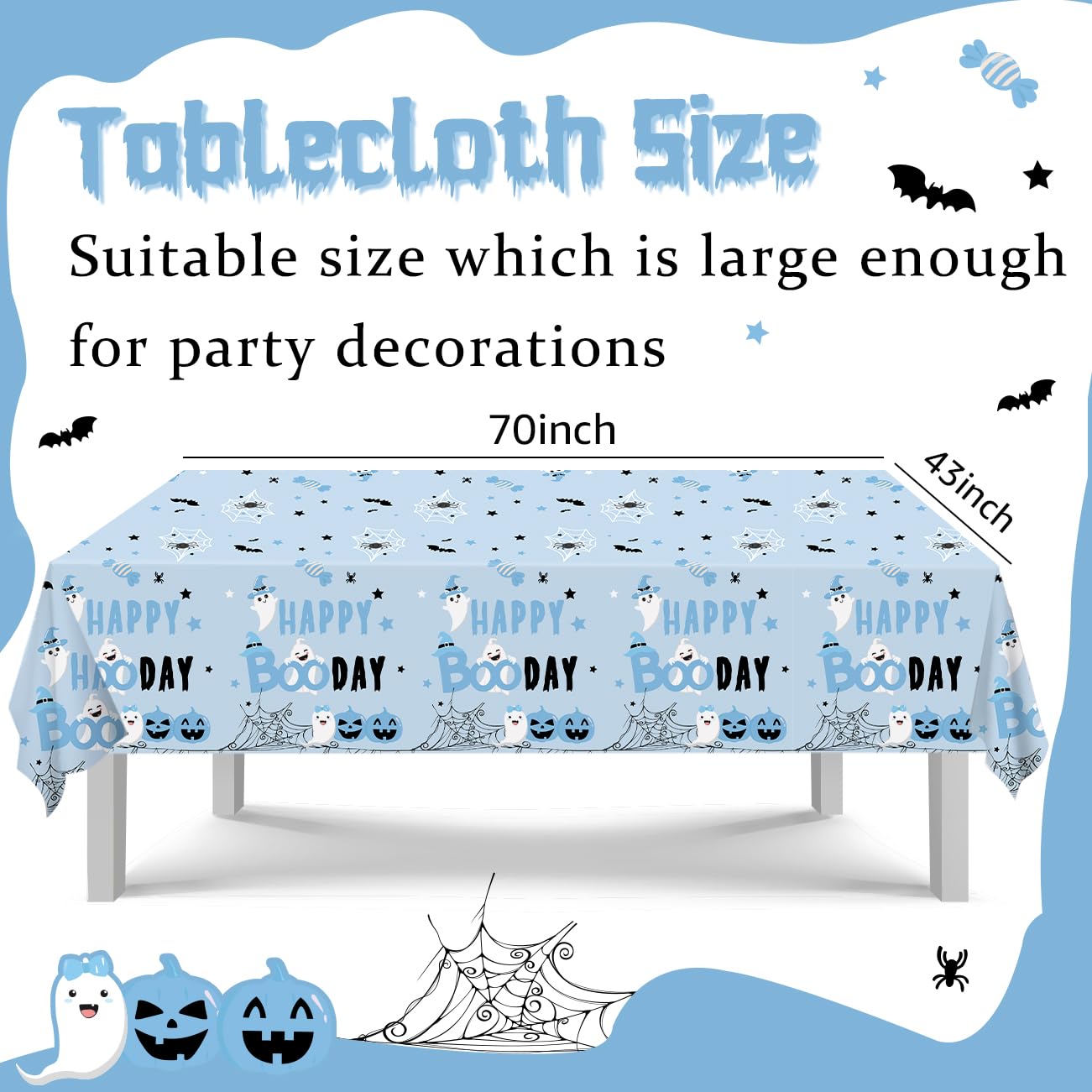 PATIAI 3 Pack Halloween Happy Boo Day Tablecloths Blue Halloween Pumpkin Ghost Rectangular Plastic Table Cover for Halloween Baby Shower Birthday Party Decorations(71 x 43 Inches)