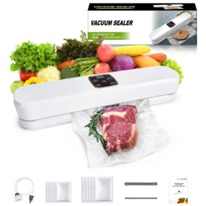 metronic vacuum sealer machine, powerful 4-in-1 food vaccum sealer machine set, dry & moist food preservation modes with 10 bags, air suction hose, led indicator lights, compact bag sealer white