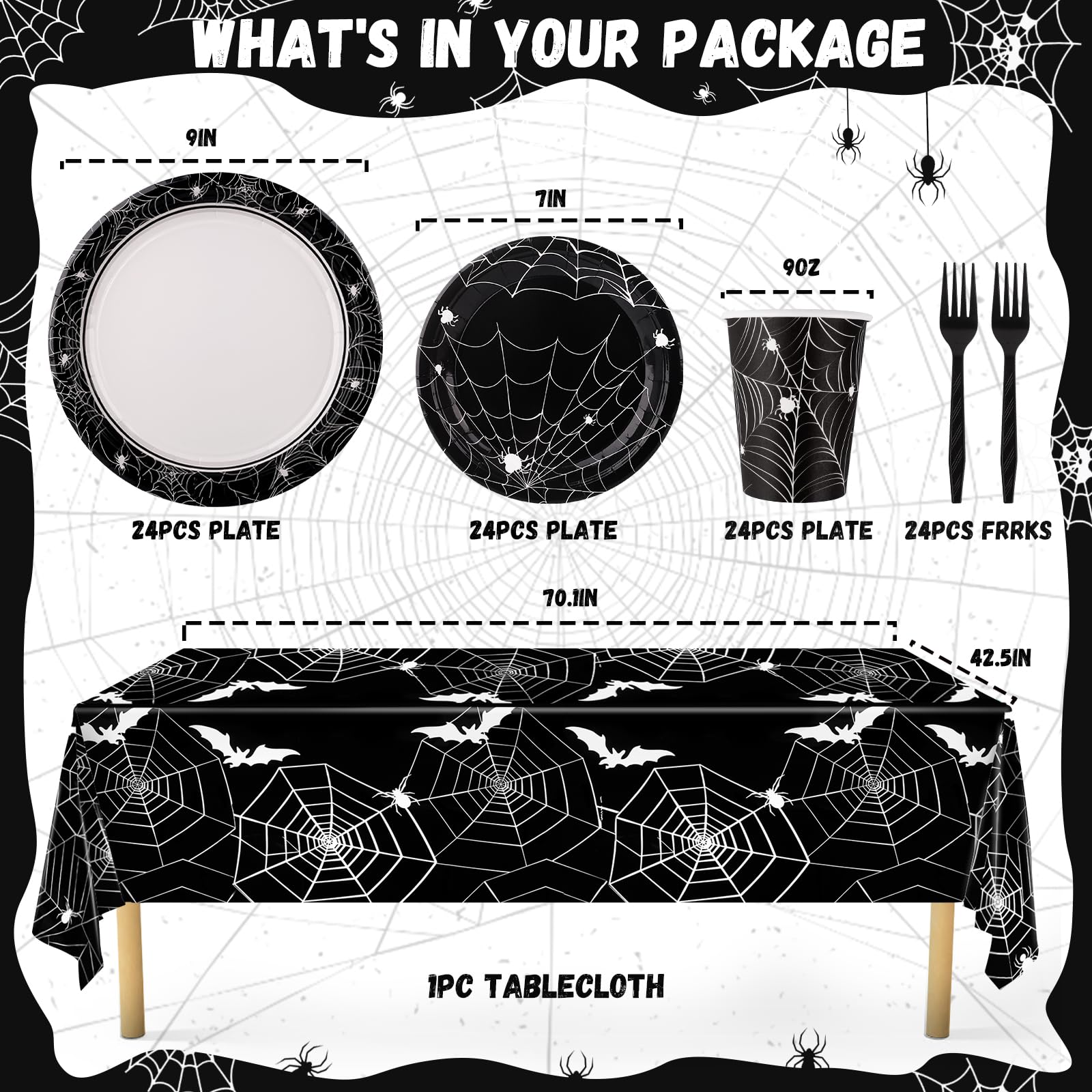 Halloween Party Paper Plates Set, 97Pcs Halloween Tableware Set Include Halloween Plates, Halloween Cups, Halloween Forks, Tablecloth for Black and White Spiderweb Halloween Decorations -Serves 24