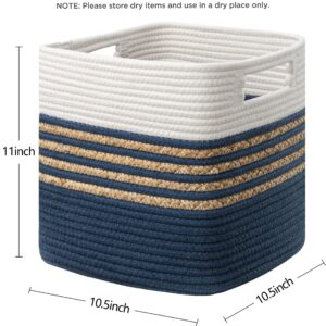 UBBCARE Set of 3 Storage Cubes 11 X 10.5 X 10.5 in, Water Hyacinth Storage Bins for Shelves, Toys, Book, Storage Baskets with Handles, Cotton Rope Woven Baskets for Organizing, Navy Blue