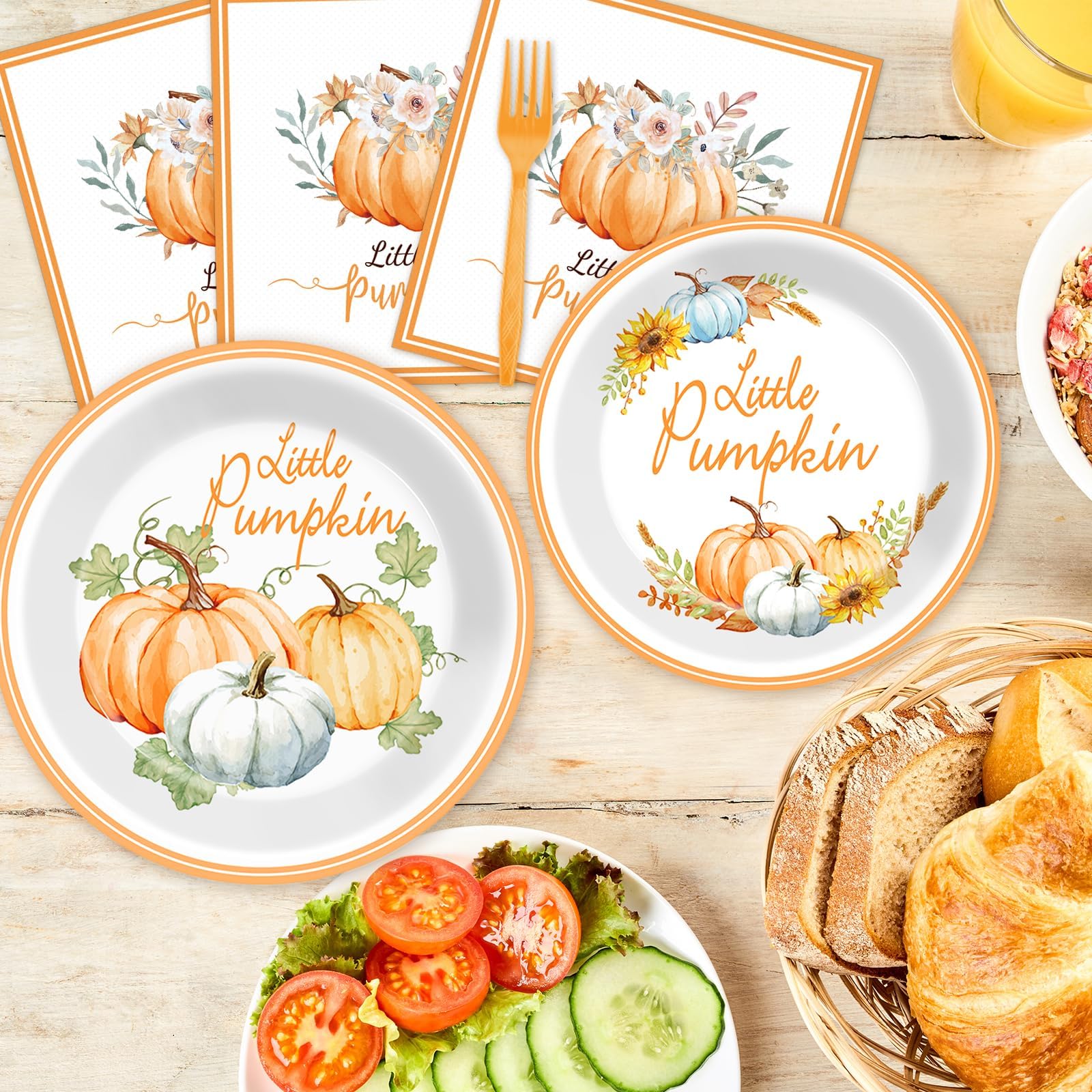 ZOIIWA 96 Pcs Little Pumpkin Baby Shower Tableware Set Thanksgiving Party Supplies Gender Reveal Dinnerware Pumpkin Baby Shower Party Disposable Fall Plates Napkins Party Decorations Serves 24 Guests