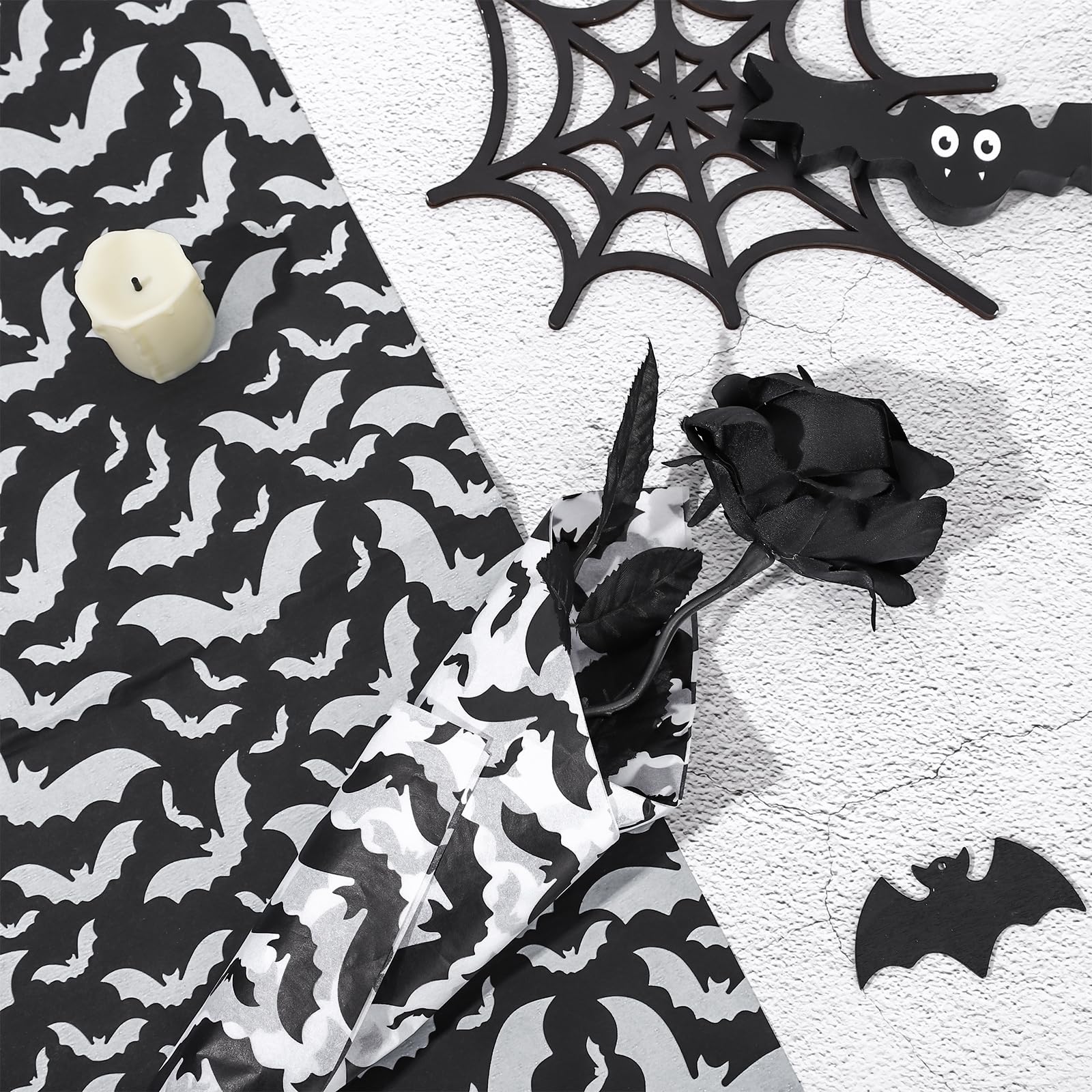 Whaline WH9796 Gift Wrap Tissue Halloween Bat Pattern 60 Sheets Black and White Tissue Paper for DIY Craft, Party Decorations Wrapping, 13.8 x 19.7 Inch