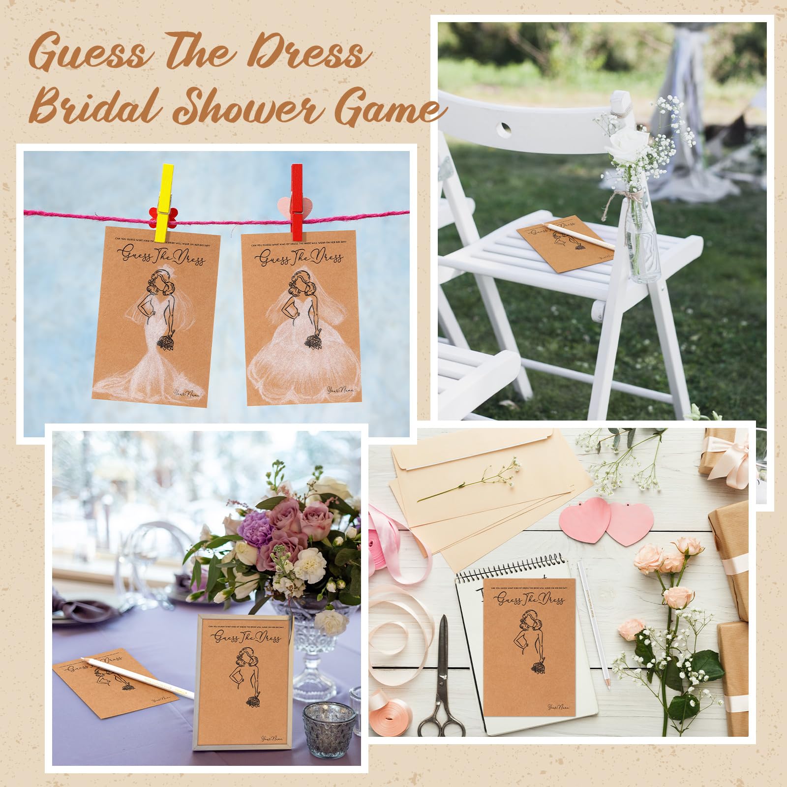 Fulmoon 50 Packs Guess The Dress Bridal Shower Games for Guests Include Wedding Shower Games Cards and Water Soluble Pencils Fun Wedding Decorations Party Supplies Games Ideas(Brown)