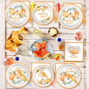 ZOIIWA 96 Pcs Little Pumpkin Baby Shower Tableware Set Thanksgiving Party Supplies Gender Reveal Dinnerware Pumpkin Baby Shower Party Disposable Fall Plates Napkins Party Decorations Serves 24 Guests