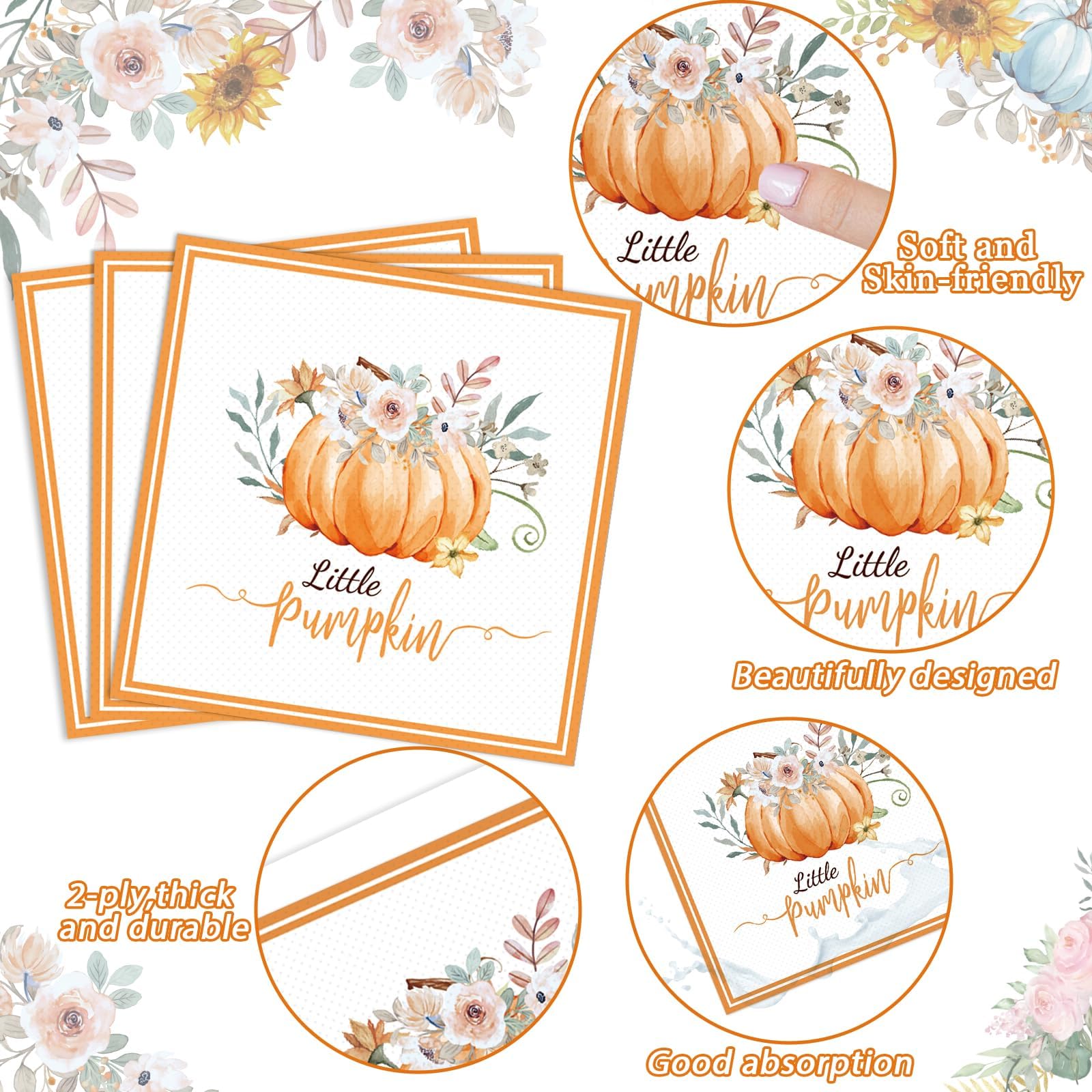 ZOIIWA 96 Pcs Little Pumpkin Baby Shower Tableware Set Thanksgiving Party Supplies Gender Reveal Dinnerware Pumpkin Baby Shower Party Disposable Fall Plates Napkins Party Decorations Serves 24 Guests