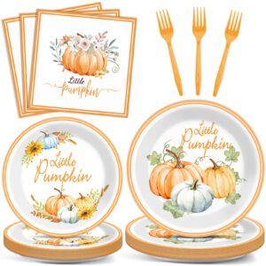 zoiiwa 96 pcs little pumpkin baby shower tableware set thanksgiving party supplies gender reveal dinnerware pumpkin baby shower party disposable fall plates napkins party decorations serves 24 guests