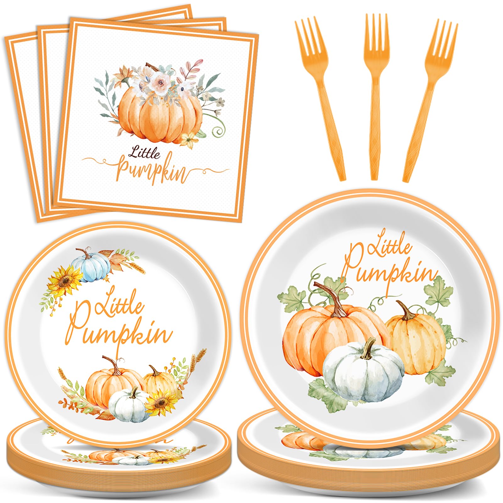 ZOIIWA 96 Pcs Little Pumpkin Baby Shower Tableware Set Thanksgiving Party Supplies Gender Reveal Dinnerware Pumpkin Baby Shower Party Disposable Fall Plates Napkins Party Decorations Serves 24 Guests