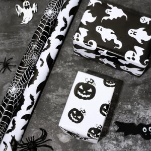 Whaline 12 Sheet Halloween Wrapping Paper Black White Pumpkin Ghost Spider Web Pattern Folded Flat Gift Wrap Paper 4 Design Art Paper for Halloween Party DIY Craft Gift Packing, 19.7 x 27.6 Inch