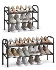 songmics expandable shoe rack, 2 tier shoe rack shelf, adjustable shoe organizer storage for 15 pairs of shoes, metal free standing shoe racks for closet, front door entryway, easy assembly, ink black