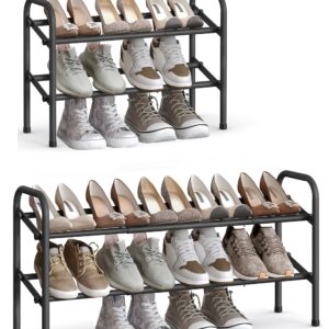 SONGMICS Expandable Shoe Rack, 2 Tier Shoe Rack Shelf, Adjustable Shoe Organizer Storage for 15 Pairs of Shoes, Metal Free Standing Shoe Racks for Closet, Front Door Entryway, Easy Assembly, Ink Black