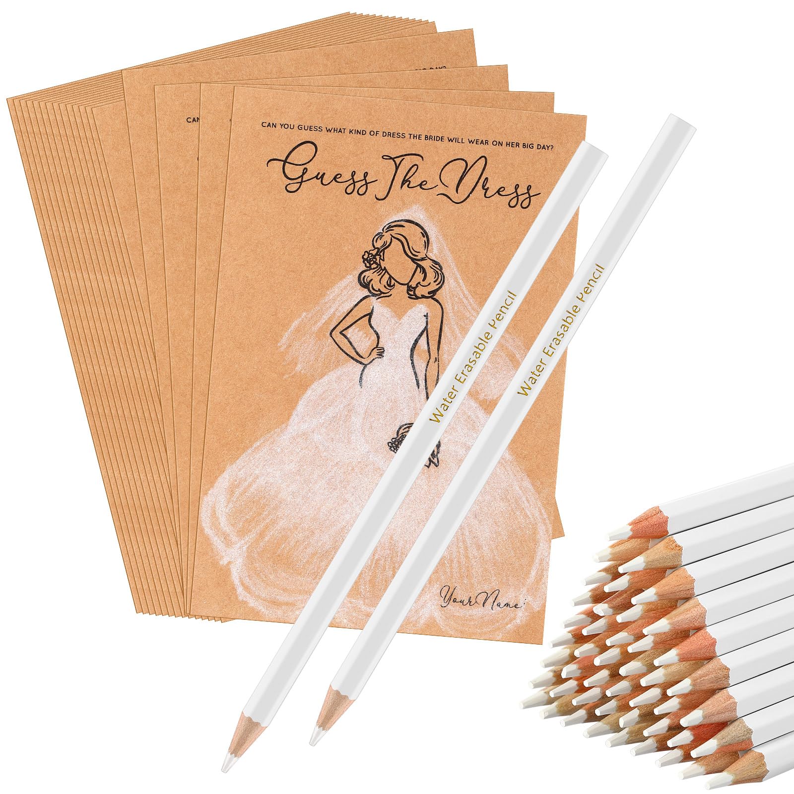 Fulmoon 50 Packs Guess The Dress Bridal Shower Games for Guests Include Wedding Shower Games Cards and Water Soluble Pencils Fun Wedding Decorations Party Supplies Games Ideas(Brown)