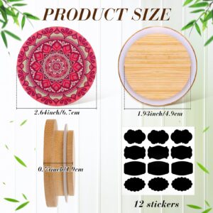 Uiifan 12 Pcs Yogurt Jar Lids Reusable Bamboo Mandala Pattern Lids with Silicone Sealing Rings and 12 Yogurt Bottle Label Jar Wooden Lids Compatible with Oui Yogurt Jars Cookie Spice Coffee Bean Jars