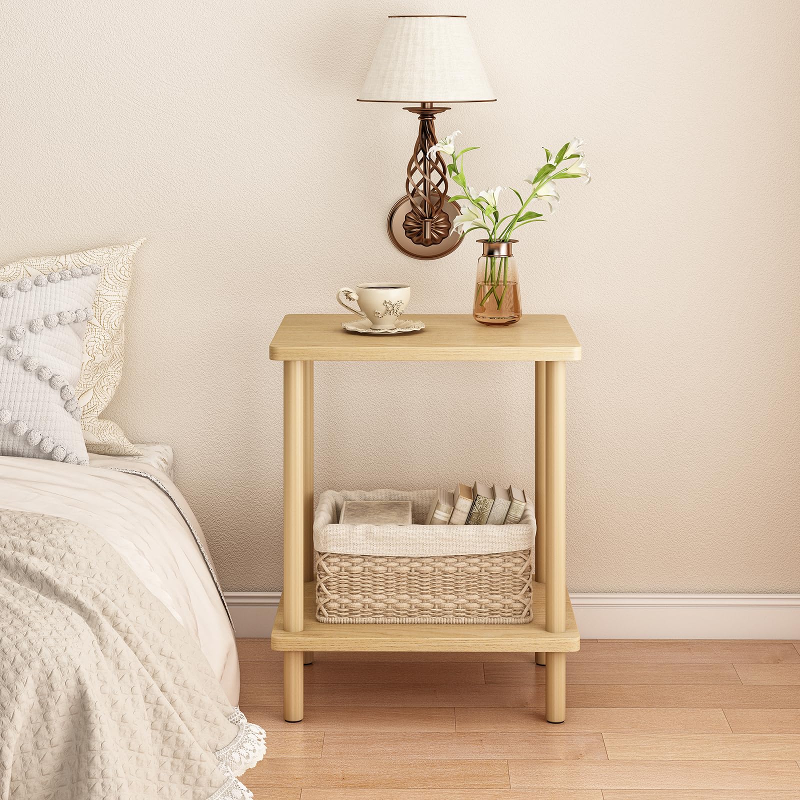 Fixwal Side Table, Small Side Table Living Room, Wood End Table, Nightstand Bedside Table, Natural (No-Tool Assembly)