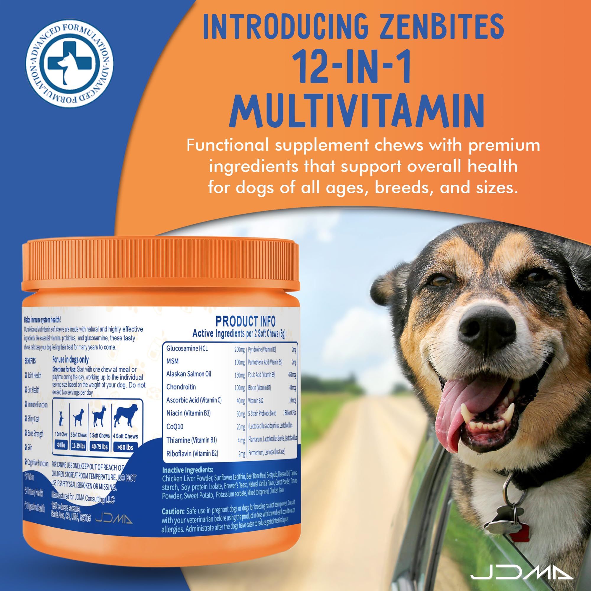 ZenBites 12-in-1 Dog Vitamins & Probiotics 120 Soft Chews - Organic Multivitamin with Glucosamine for Dogs - Joint Support Supplement for Dogs of All Ages,Sizes, & Breeds,Supports Skin,Heart,Immunity