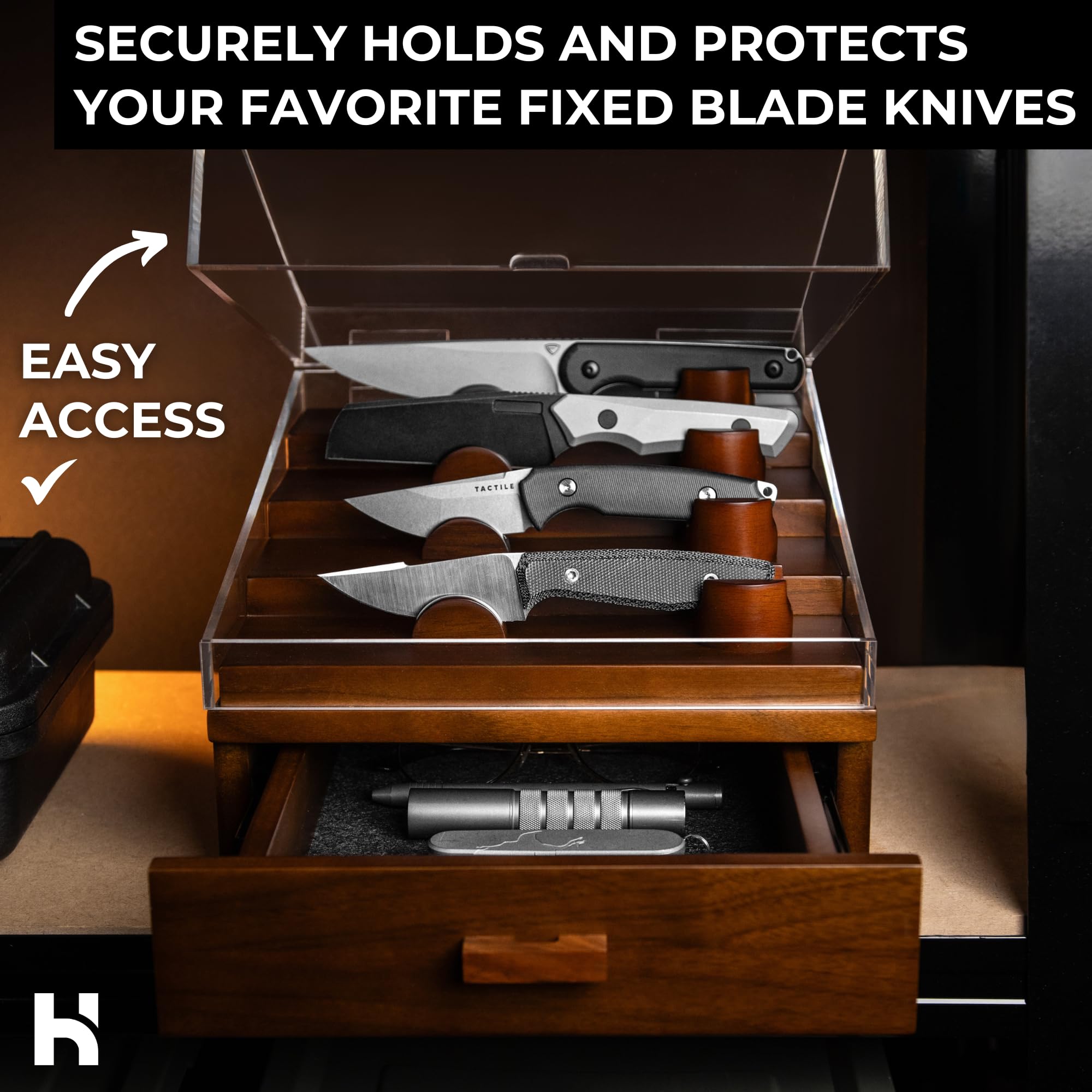 Luxury Knife Display Case for Fixed Blades and Pocket Knives – Large Drawer & Solid Wood Pillars – Wooden Knife Box – Display ESEE Knives, Benchmade, WESN and More – Christmas Gift for Men