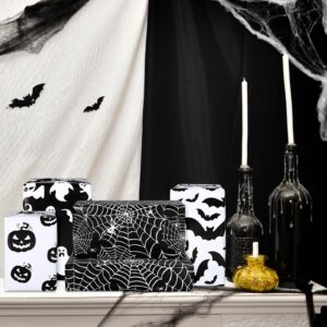 Whaline 12 Sheet Halloween Wrapping Paper Black White Pumpkin Ghost Spider Web Pattern Folded Flat Gift Wrap Paper 4 Design Art Paper for Halloween Party DIY Craft Gift Packing, 19.7 x 27.6 Inch