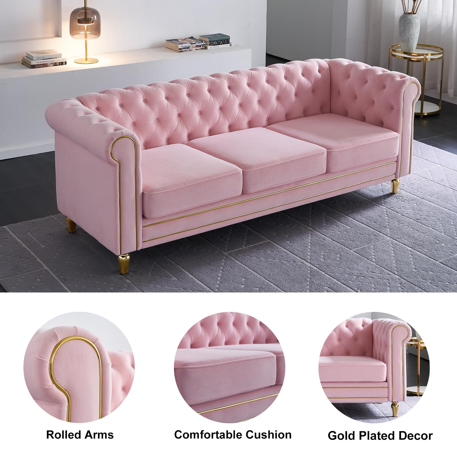 Homtique 84" Modern Sofa Couch for Living Room, 3 Seater Couch Comfy Velvet Sofa Button Tufted Rolled Arms and Gold Legs, Chesterfield Sofa for Home Studio/Office, Bedroom, Pink