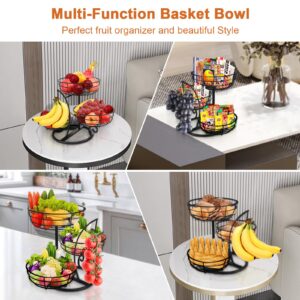 Livabber Fruit Basket Bowl with Banana Hanger, Fruit Vegetable Storage Basket with Banana Tree Holder for Kitchen Counter, Detachable Organizer for Bread Snack Produce (Black, 3-Tier Metal Base)