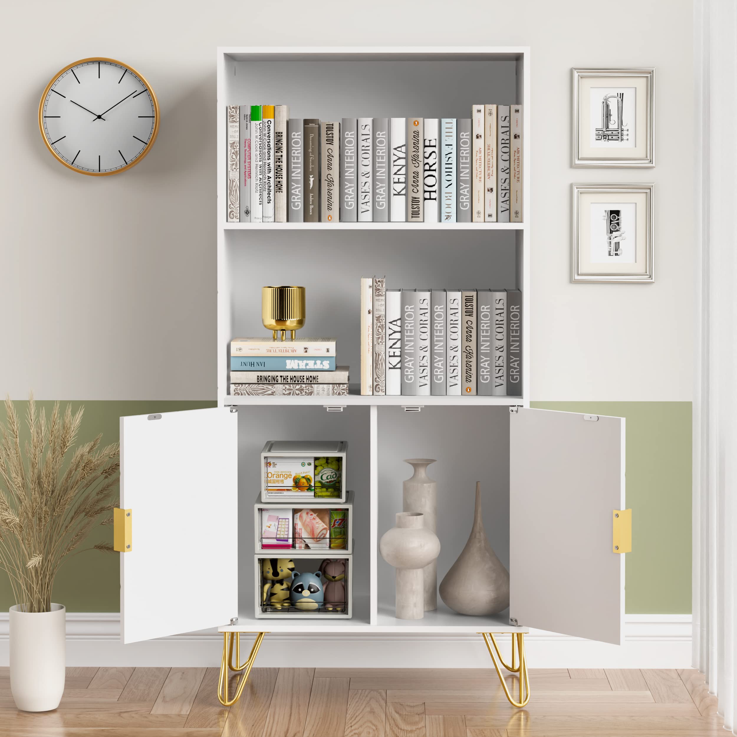 Anbuy White Bookshelf, 3 Tier Tall Bookcase with Doors, Storage Wood Shelves Modern Bookcases, Library Book Case for Living Room Bedroom Home Office Kitchen