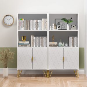 Anbuy White Bookshelf, 3 Tier Tall Bookcase with Doors, Storage Wood Shelves Modern Bookcases, Library Book Case for Living Room Bedroom Home Office Kitchen