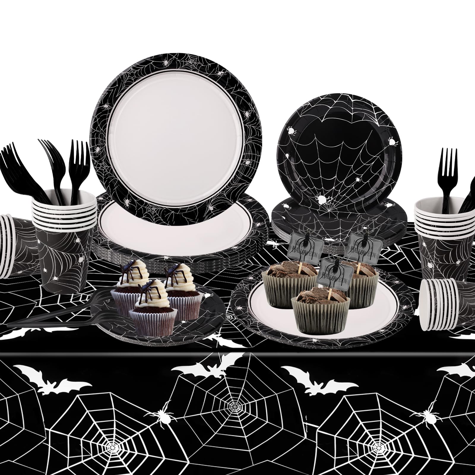 Halloween Party Paper Plates Set, 97Pcs Halloween Tableware Set Include Halloween Plates, Halloween Cups, Halloween Forks, Tablecloth for Black and White Spiderweb Halloween Decorations -Serves 24