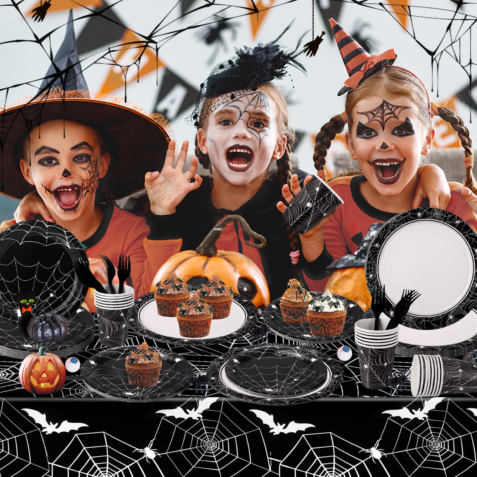 Halloween Party Paper Plates Set, 97Pcs Halloween Tableware Set Include Halloween Plates, Halloween Cups, Halloween Forks, Tablecloth for Black and White Spiderweb Halloween Decorations -Serves 24