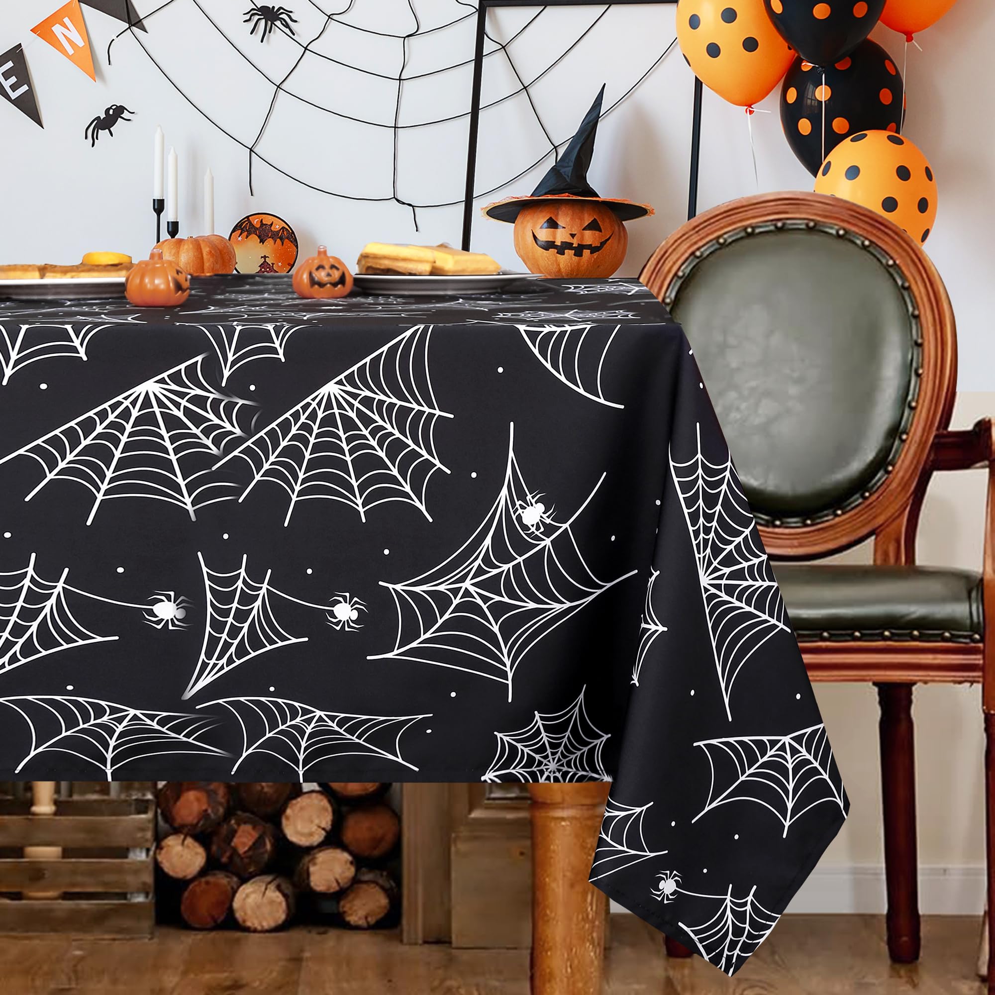 Karseteli Rectangle Halloween Tablecloth, 60 x 84 Inch Waterproof Spider Web Table Cloth, Washable Table Cover for Party Picnic Dinner Decor