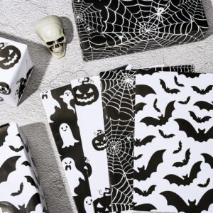 Whaline 12 Sheet Halloween Wrapping Paper Black White Pumpkin Ghost Spider Web Pattern Folded Flat Gift Wrap Paper 4 Design Art Paper for Halloween Party DIY Craft Gift Packing, 19.7 x 27.6 Inch