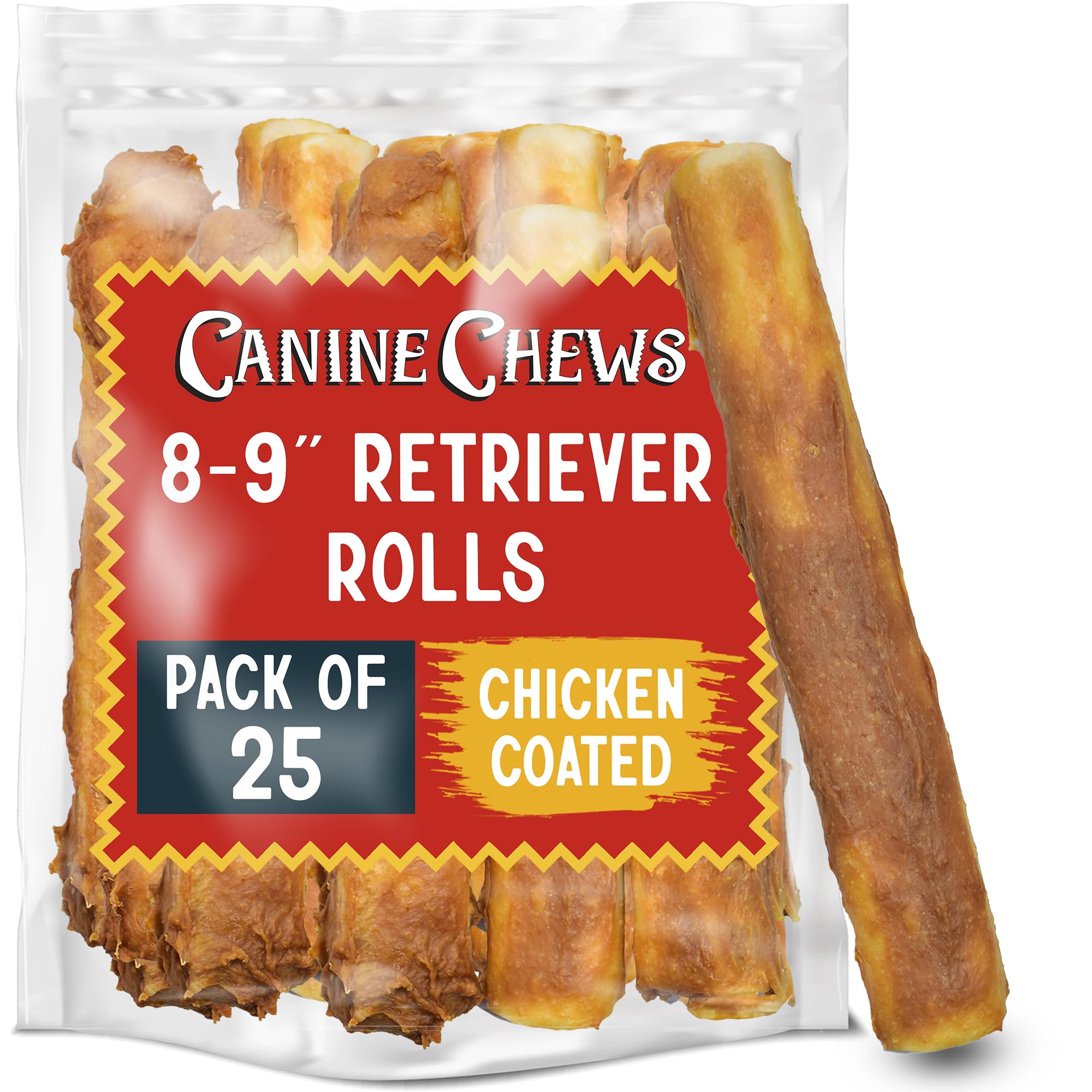 Canine Chews 8-9" Chicken Coated Dog Rawhide Retriever Rolls (25 Pack) - Chicken Rawhide Bones for Large Dogs - 100% USA-Sourced Chicken Coated Dog Rawhide Chews - Healthy Dog Dental Chew Rawhides