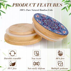 Uiifan 12 Pcs Yogurt Jar Lids Reusable Bamboo Mandala Pattern Lids with Silicone Sealing Rings and 12 Yogurt Bottle Label Jar Wooden Lids Compatible with Oui Yogurt Jars Cookie Spice Coffee Bean Jars