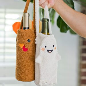 Pearhead Sherpa Turkey Wine Bottle Gift Bag, Thanksgiving Dinner Ideas, Funny Fall Housewarming Ideas, Holiday Party Hostess Gifts, Reusable Gift Bag, Soft Travel Wine Tote Carrier