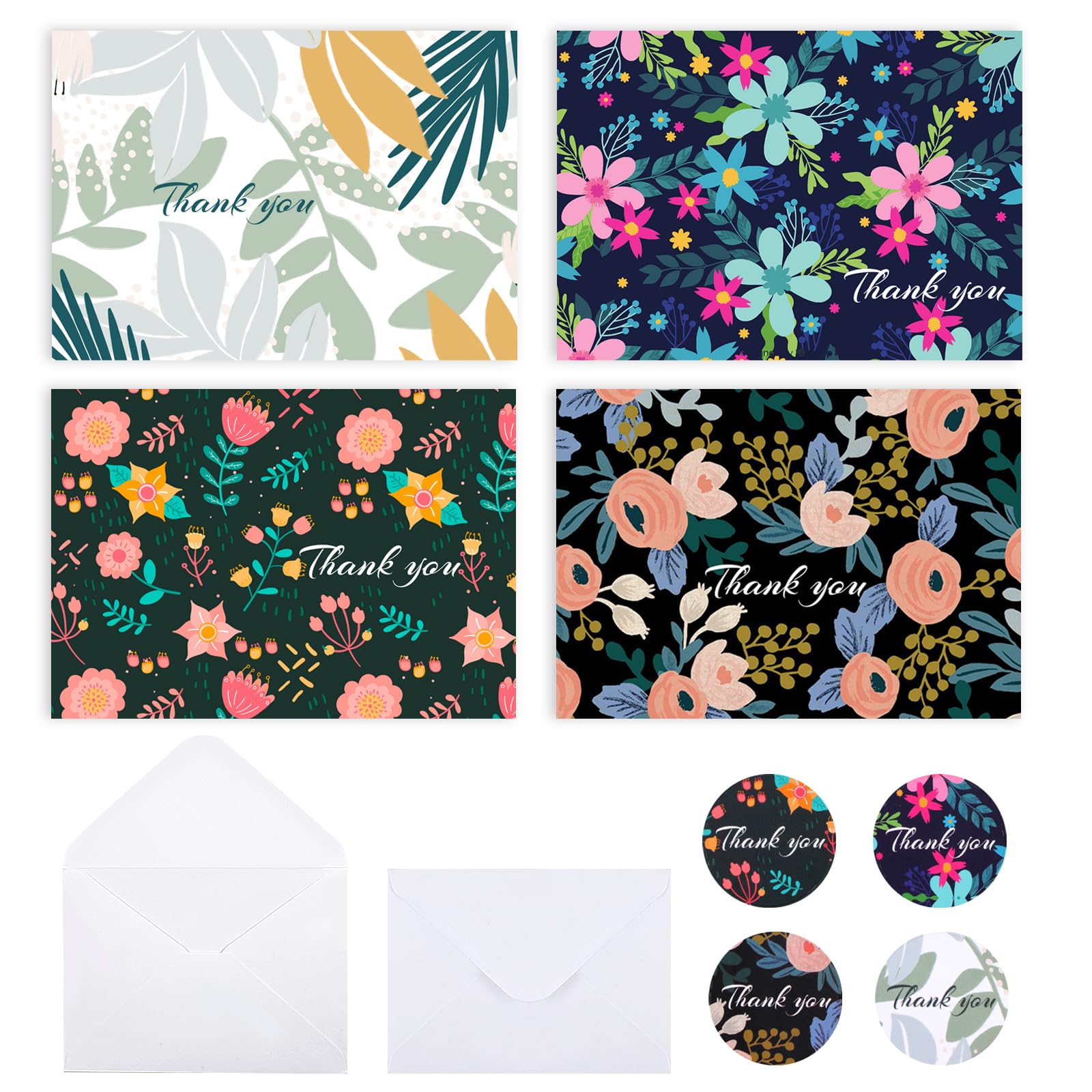 Utron 32 PCS Thank You Cards with Envelopes, Painted Florals Thank You Cards, Envelopes and Stickers Thank You Notes, Wedding Thank You Cards with Envelopes